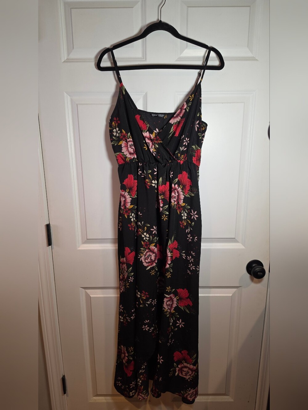 Shein Black Floral Maxi Dress with Pink & Red Blooms Open Front Design L